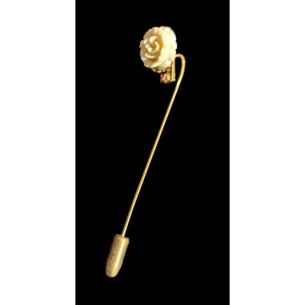 Vintage Gold-Tone cream‎ Rose Flower Lapel Pin Stick Pin Jewelry Accessory